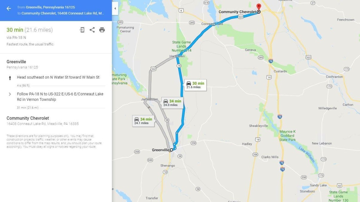 Greenville to Community Chevrolet Map